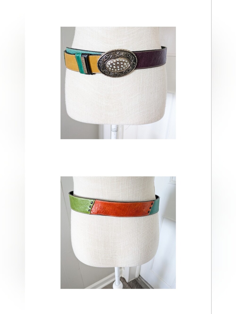 LAND Leather Color Block Belt Silver Buckle 39" Long 1.5" Wide